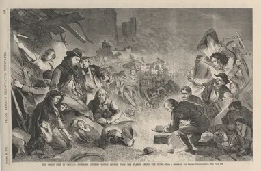Das große Feuer in Chicago - obdachlose Bürger suchen Zuflucht vor den Flammen in den Ruinen, Illustration aus Frank Leslies Illustrated Newspaper, 1871